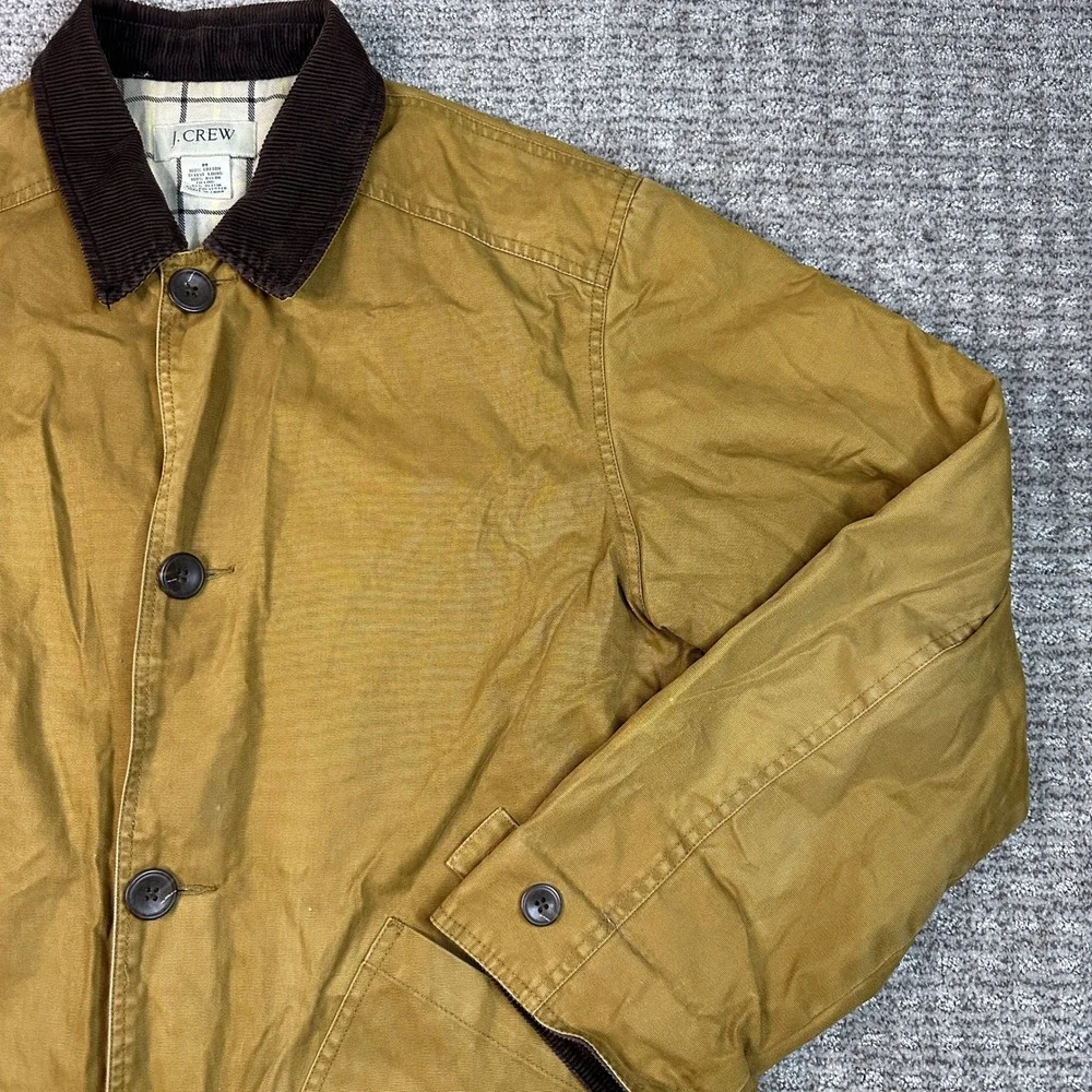 JCrew Mens Barn Jacket Mustard Tan Cotton Canvas Corduroy Collar Plaid Lined M